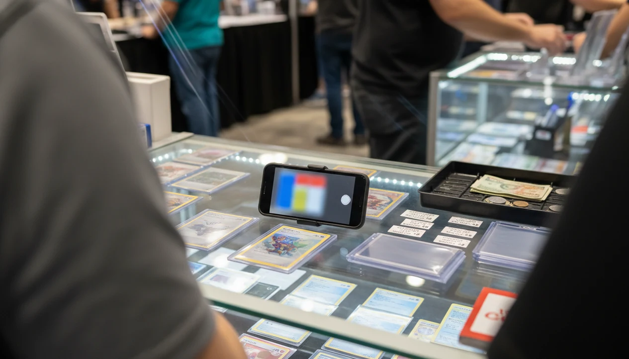 A phone scans a sleeved Pokémon-style card on a busy card show dealer table.