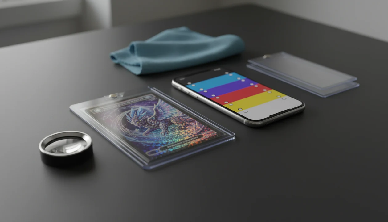 A holographic trading card beside a phone and loupe suggests careful Pokémon card price checking.