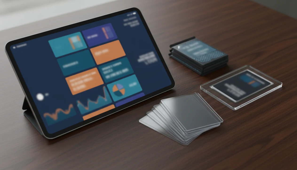 A tablet dashboard sits beside sleeved cards, a slab, and sealed packs on a collector’s desk.