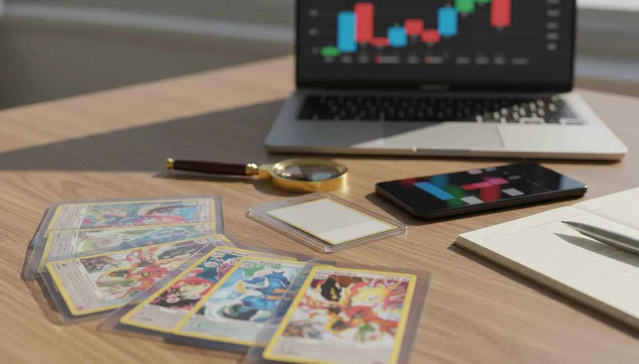 A desk setup with sleeved cards, a slab, and blurred price screens for comparing card values.