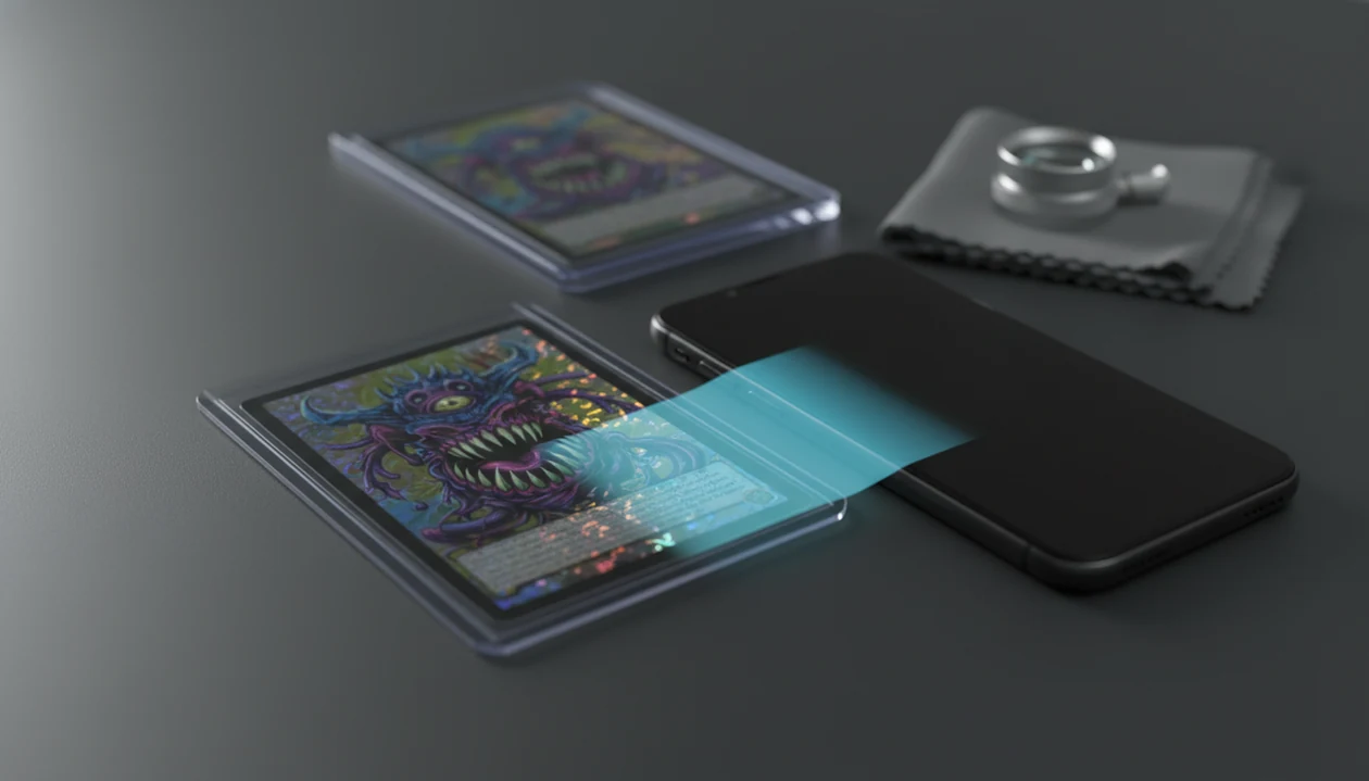 A trading card is scanned by a phone while an official slab sits blurred in the background.