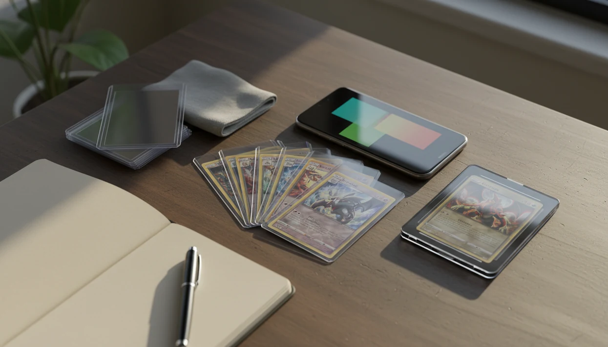 A smartphone sits beside sleeved trading cards and a graded slab on a collector’s desk.