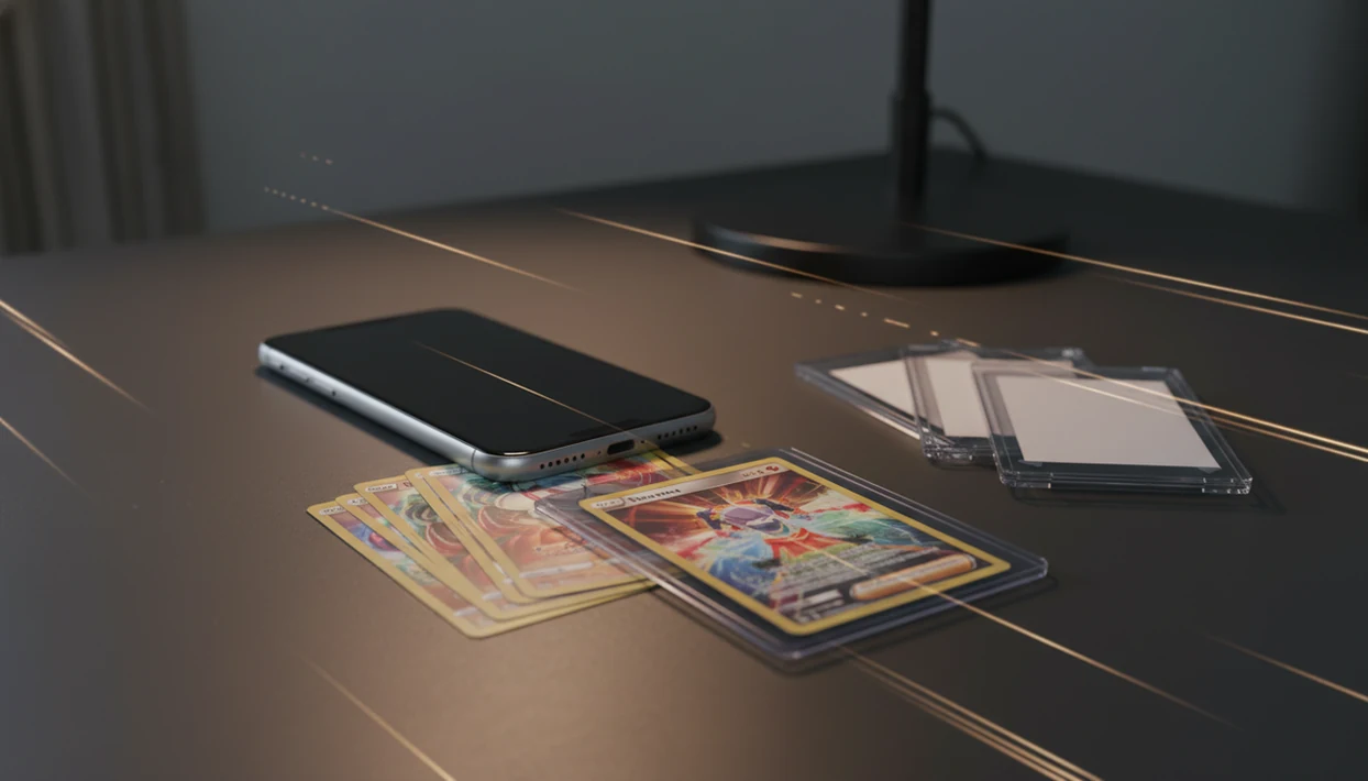 A smartphone scans trading cards on a collector desk with sleeved cards and blank graded slabs nearby.