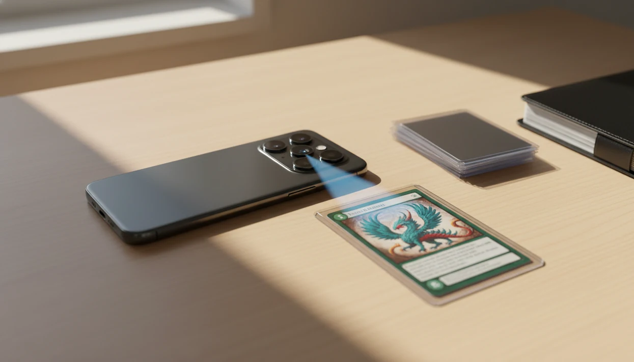 A smartphone and sleeved trading card on a desk suggest scanning a card for instant value checks.