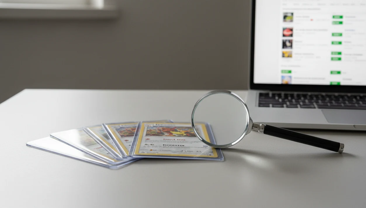 Sleeved trading cards, a magnifier, and a blurred marketplace results screen suggest sold-comps research.