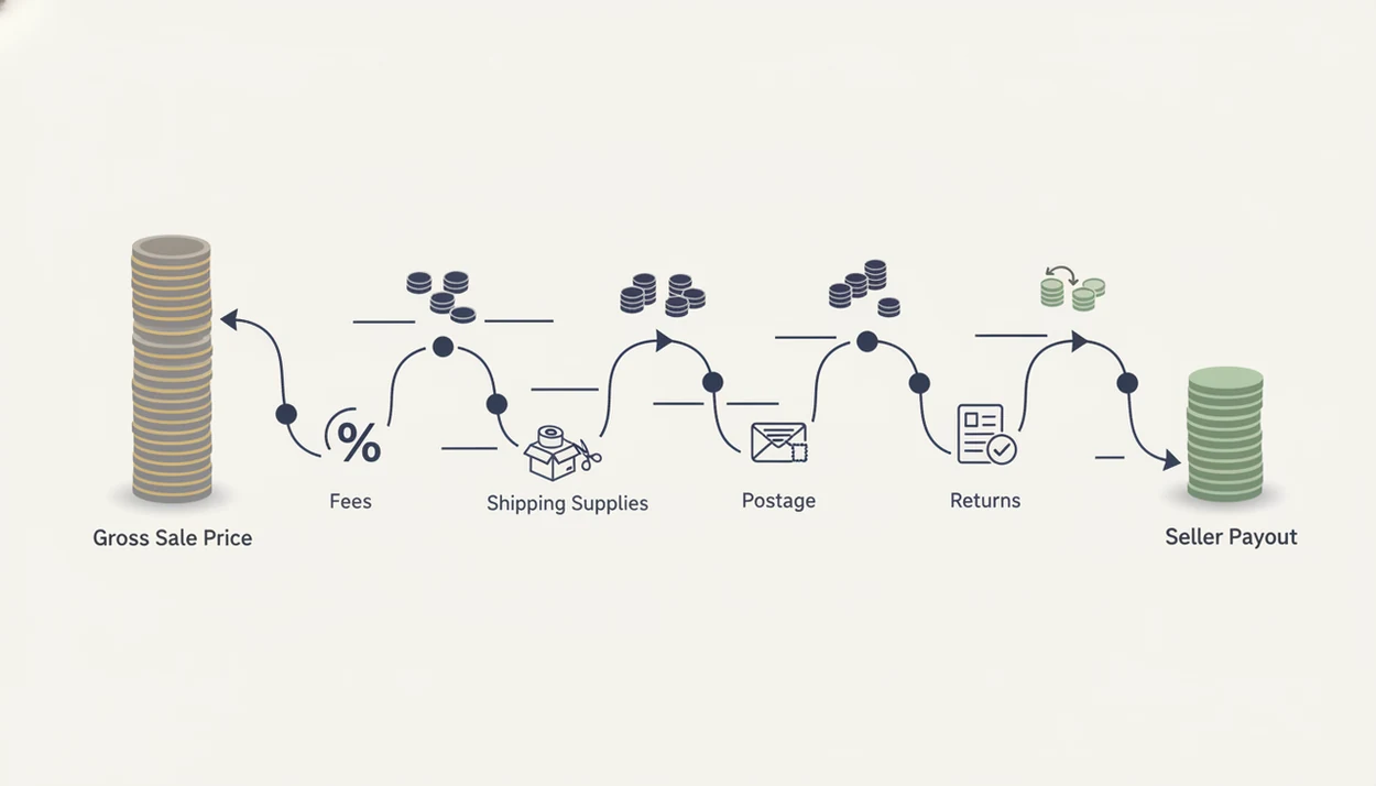 A simple diagram shows a large sale-price coin stack reduced by fees and costs into a smaller payout stack.