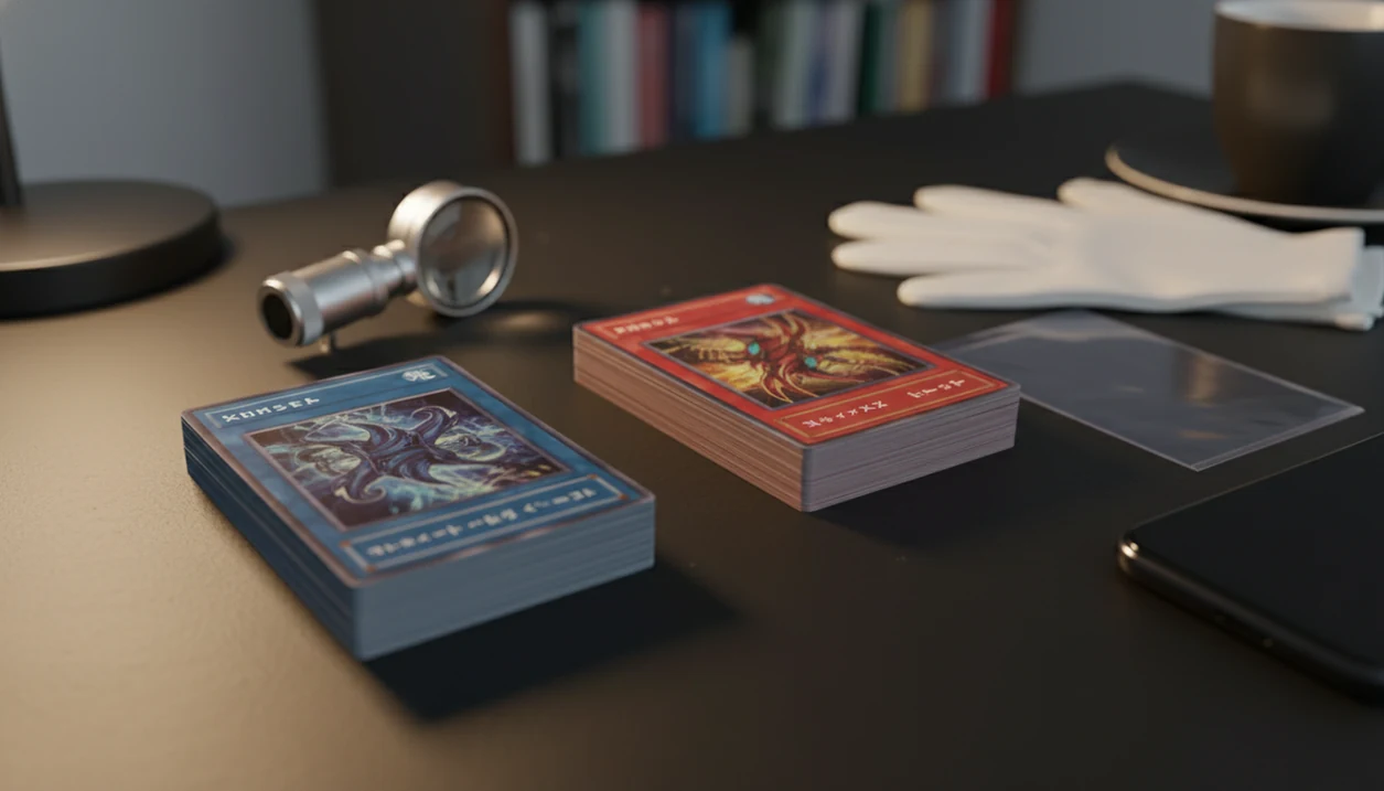 Two stacks of English and Japanese-style promo cards are inspected with a loupe and sleeves on a desk.