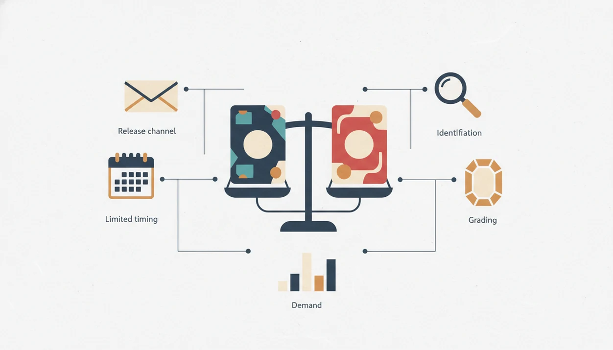 A clean diagram shows promo card value factors around a balanced pair of trading cards.