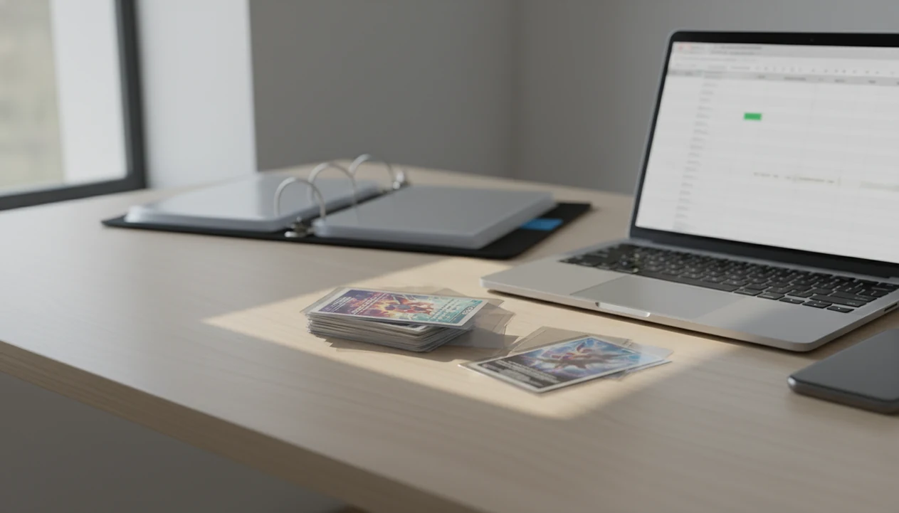 A collector workspace shows sleeved trading cards beside a laptop with a blurred spreadsheet export.