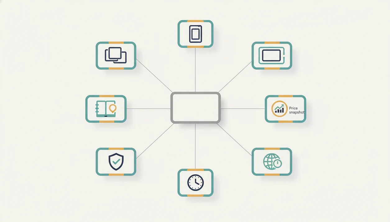 A clean diagram links a generic card to icons for quantity, location, condition, grading, price, and time.