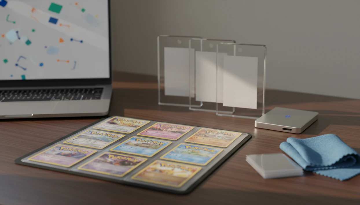 A collector workspace shows sleeved Pokémon cards, graded slabs, a laptop, and a backup drive on a desk.