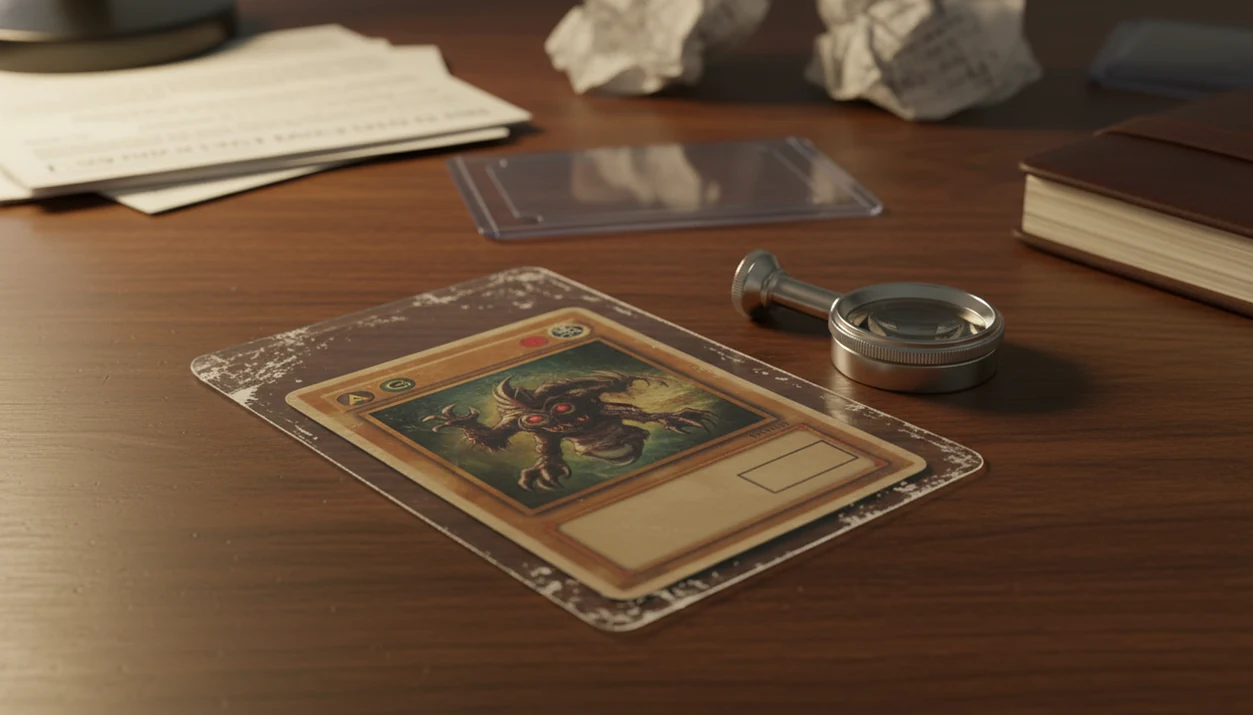 A sleeved vintage trading card sits beside a loupe and blurred market notes on a wooden desk.