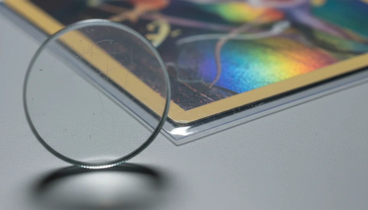 A magnified trading card corner shows foil scratches, edge whitening, and wear under raking light.