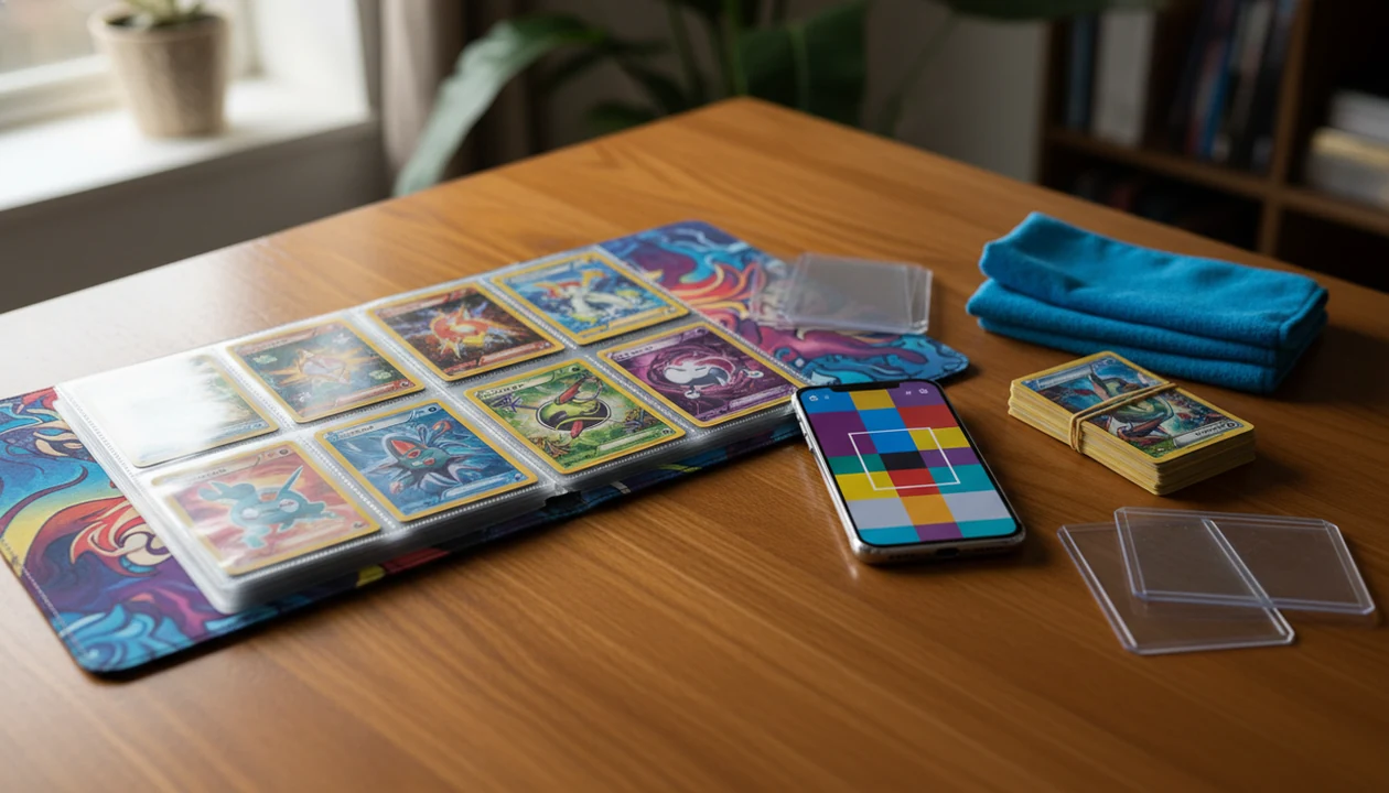 An open trading card binder sits beside sleeves and a phone ready to scan cards for collection tracking.