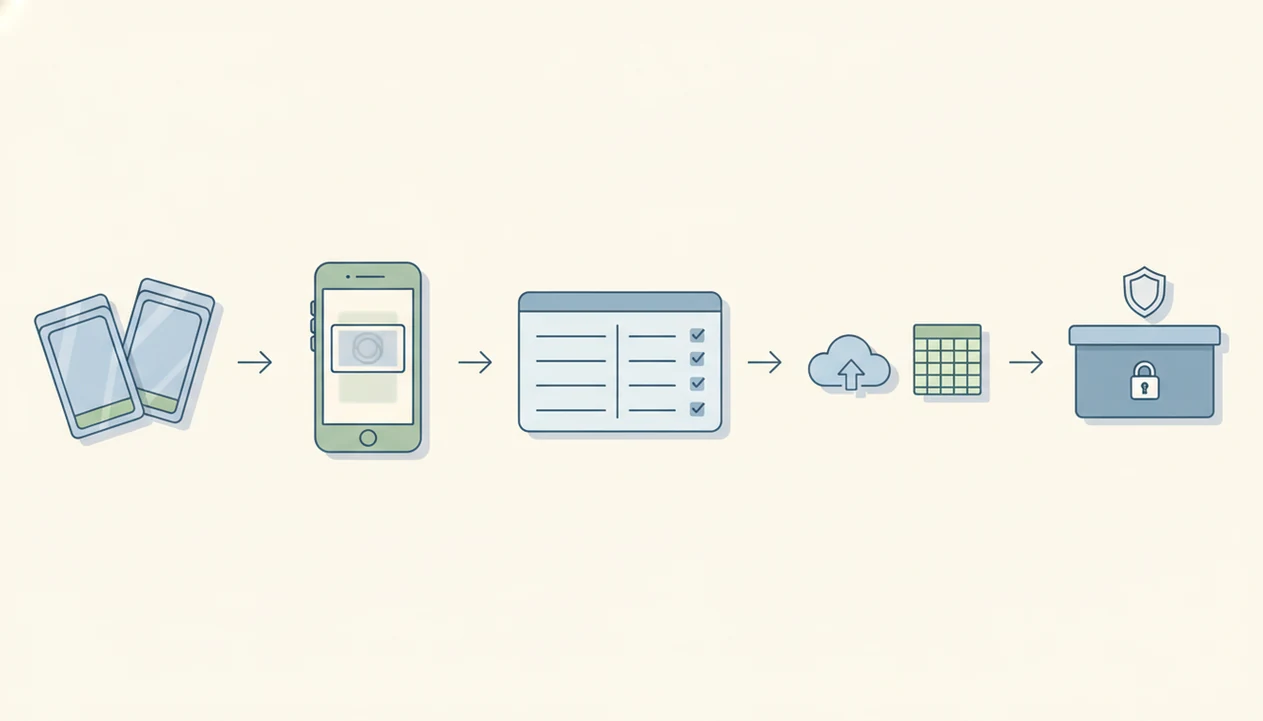 A clean visual workflow shows cards moving from scanning to checklist records, cloud backup, and secure storage.