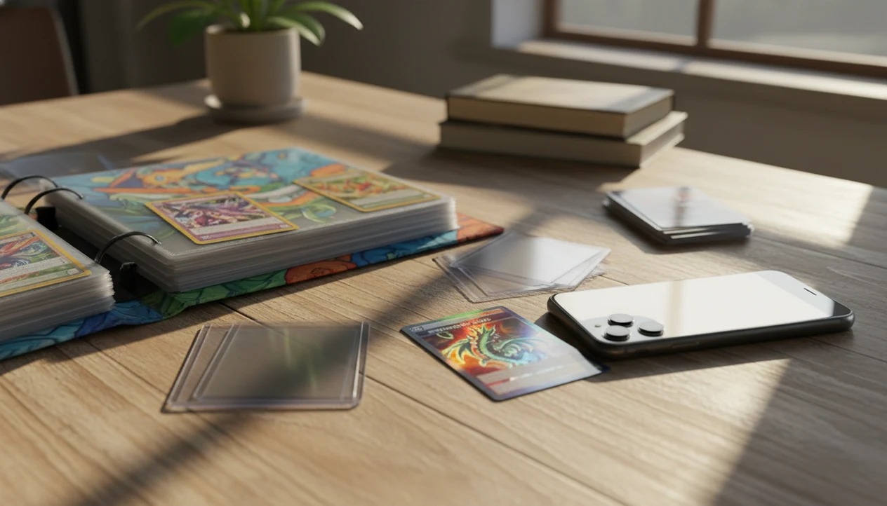 A phone sits beside a card binder and sleeved trading cards on a kitchen table ready for scanning.