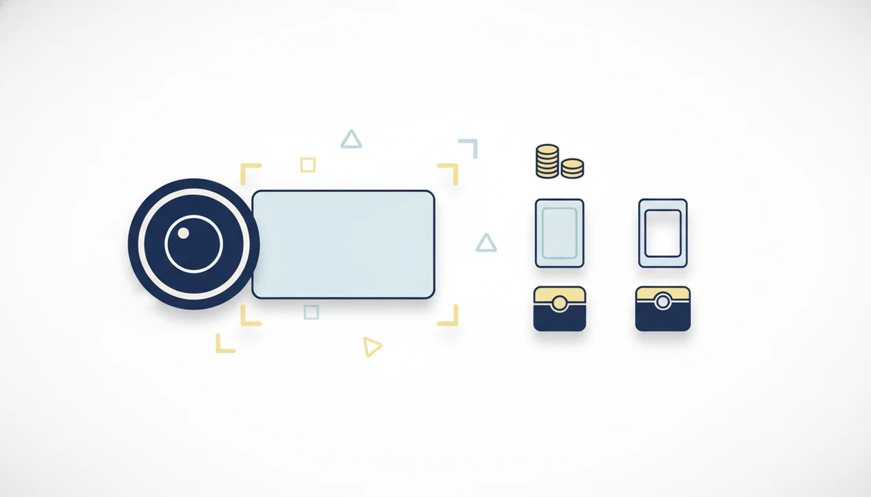 A simple diagram shows a card photo becoming identification, price markers, and collection tracking.