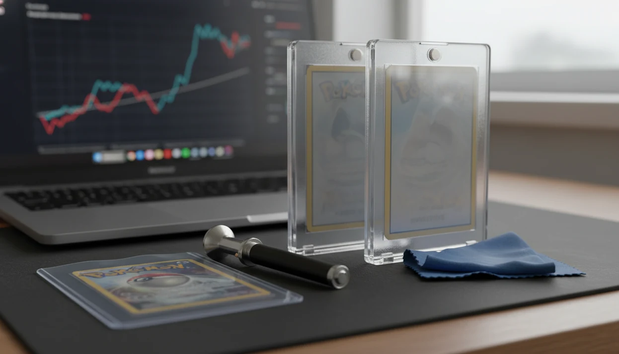 A raw sleeved trading card sits beside graded slabs and a loupe on a collector desk.