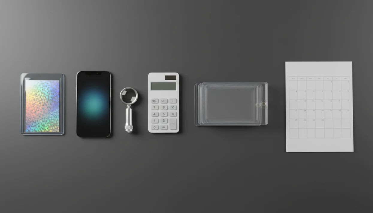 A seller workstation shows a sleeved card, phone, loupe, calculator, slabs, and calendar arranged as a timeline.