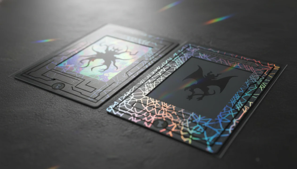 Two generic trading cards show foil in the artwork area versus foil across the outer card surface.
