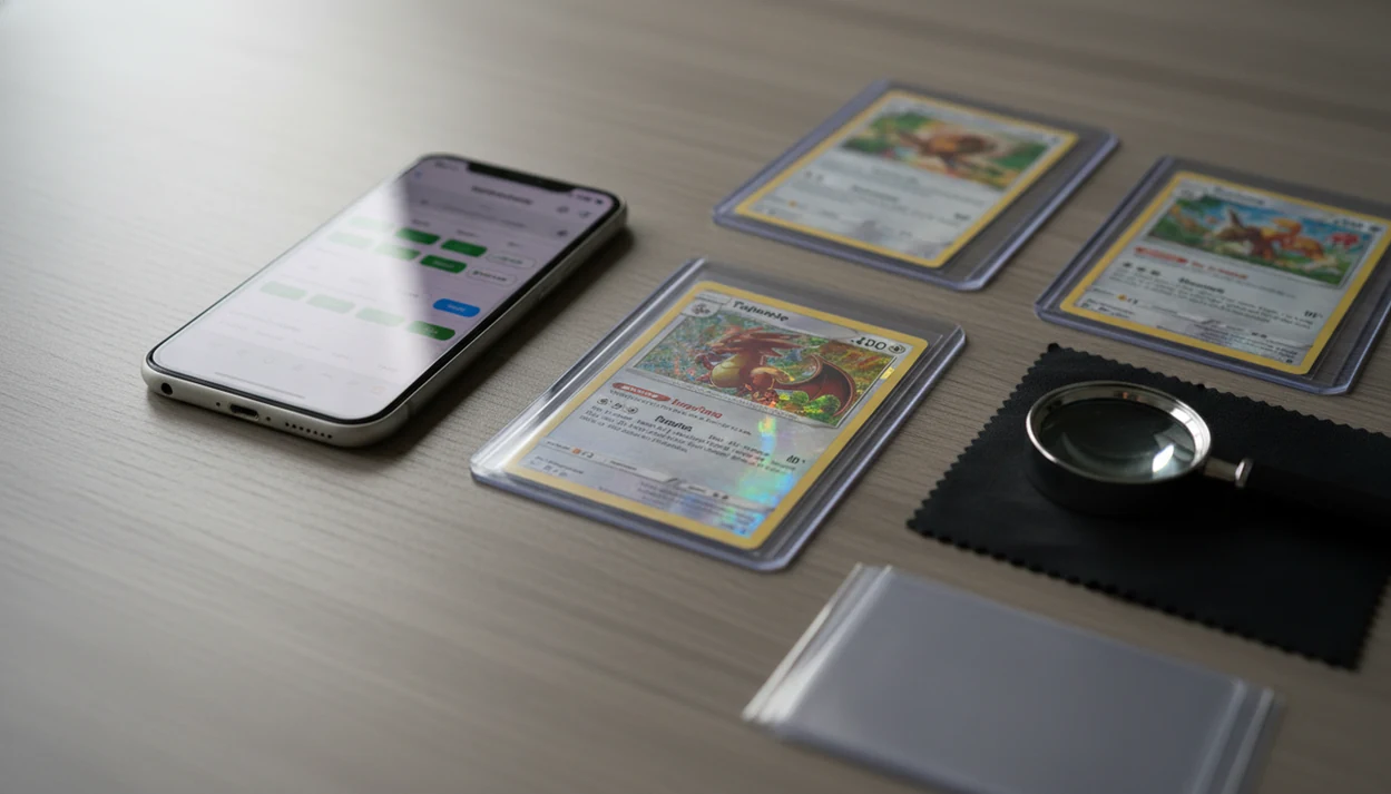A phone and sleeved trading cards on a table suggest checking recent sold comps before pricing.
