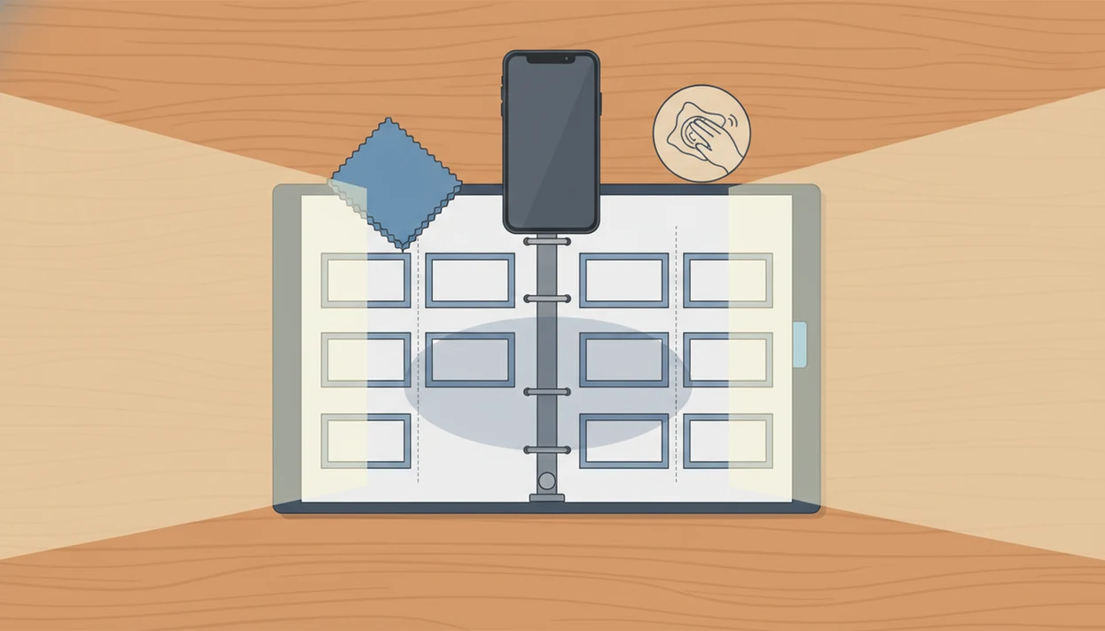 A simple diagram shows a flat binder page, phone position, side lighting, and glare control.