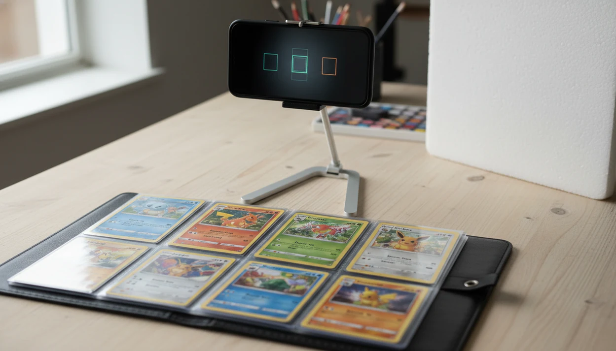 A phone scans one page of a Pokémon card binder on a table with even side lighting.