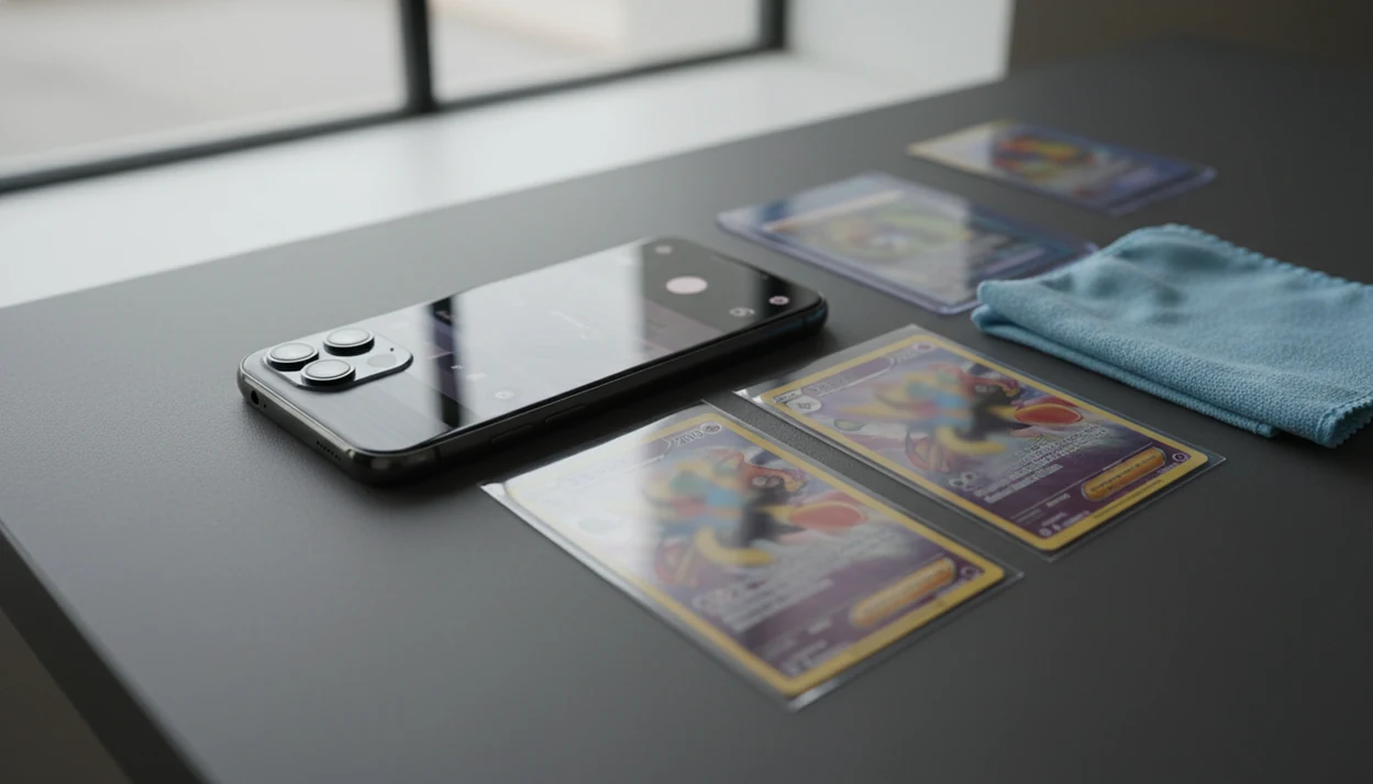A smartphone is positioned to scan a sleeved trading card on a clean collector’s desk.
