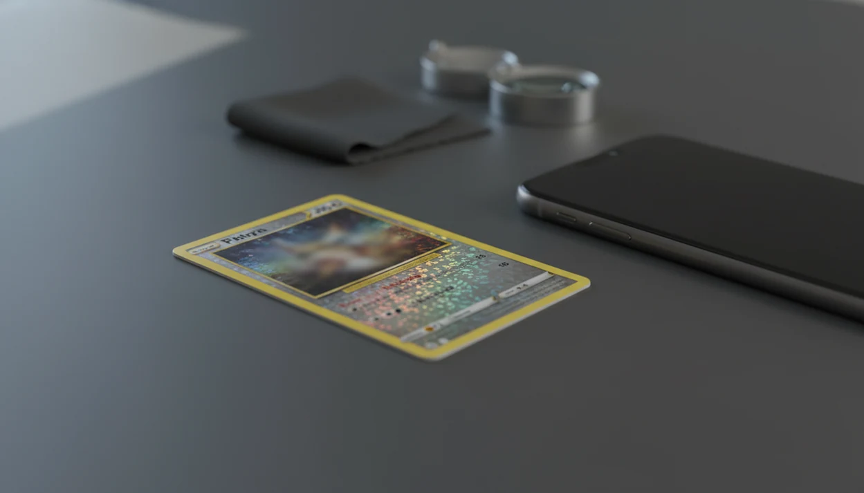 A trading card and smartphone are arranged for a careful photo identification scan on a desk.