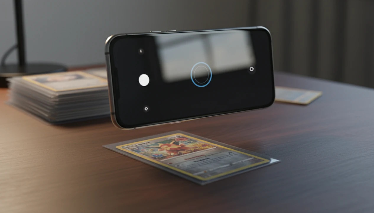A smartphone scans a trading card on a desk with binder pages blurred in the background.