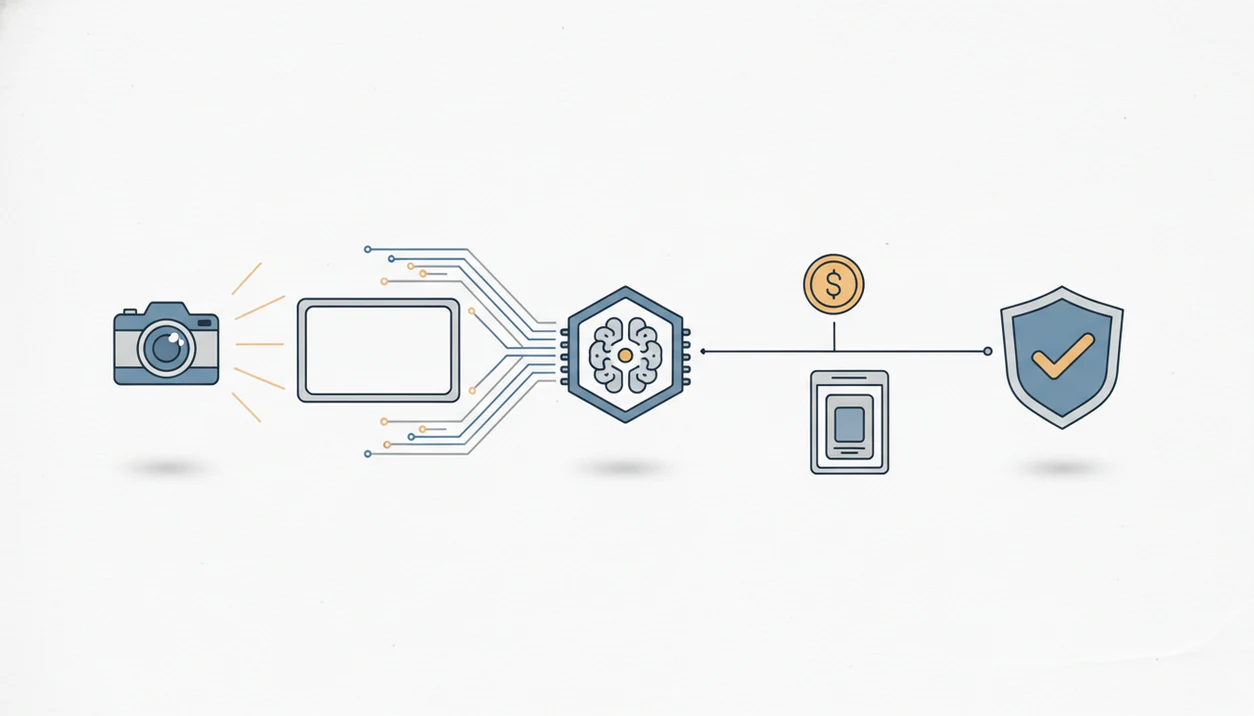 A clean diagram shows card image recognition flowing from camera capture to pricing and verification.
