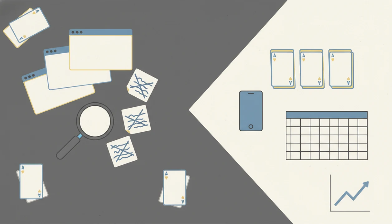 An illustration contrasts manual card price research with a scanner-based organizing workflow.