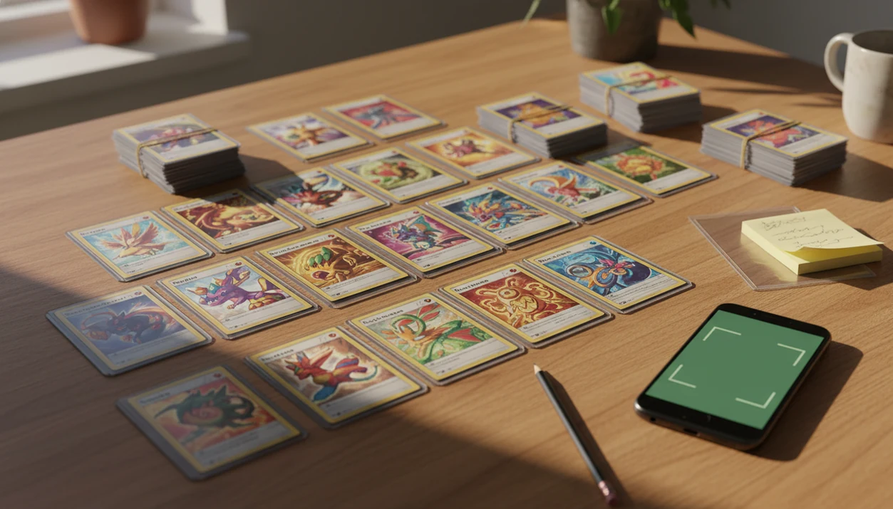 A phone and sorted trading cards on a kitchen table suggest checking card values before sleeving.