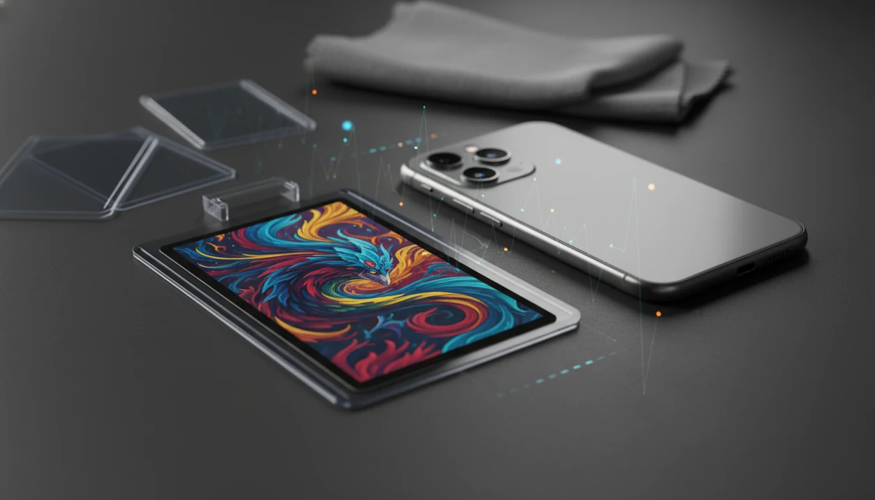 A smartphone and sleeved trading card sit on a desk with abstract market price reflections around them.