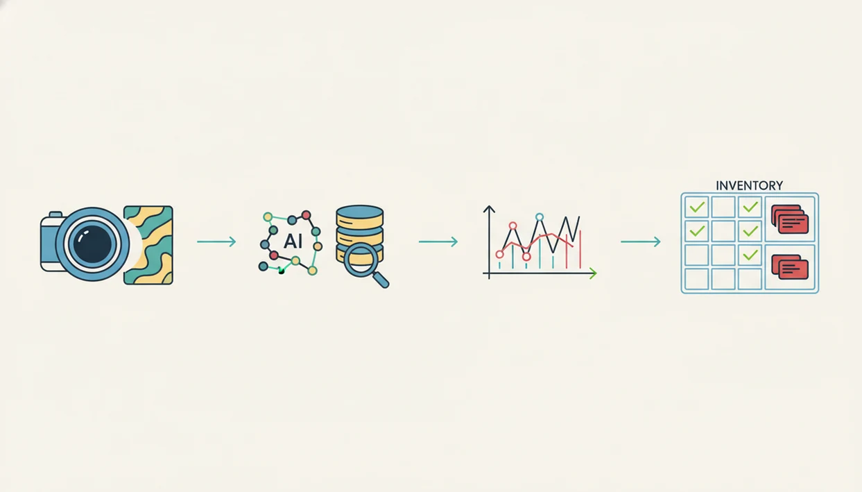A simple diagram shows scanning a card, matching it to data, adding prices, and saving it to inventory.