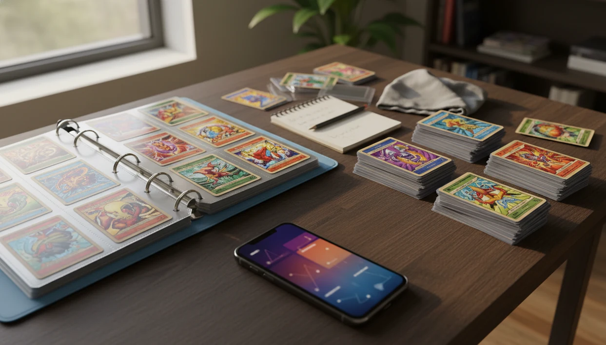 A phone, card binder, duplicates, and sleeves are arranged on a desk for tracking a Pokémon card collection.
