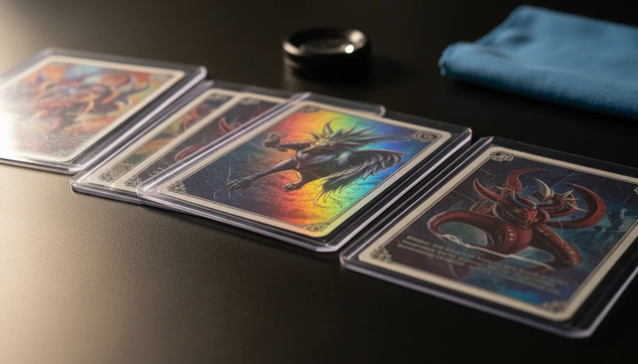 Close-up of raw trading cards showing edge whitening, scratches, and clean corners under inspection light.