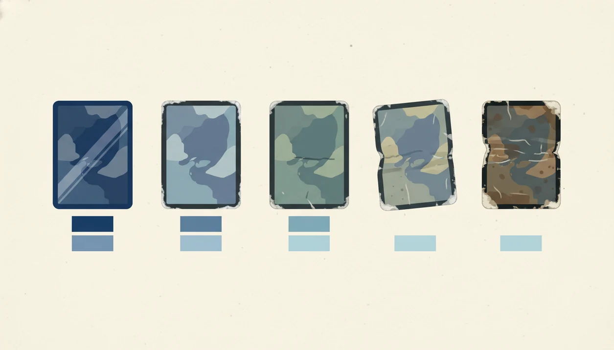 Illustration of five trading cards with increasing wear and decreasing value bars beneath them.