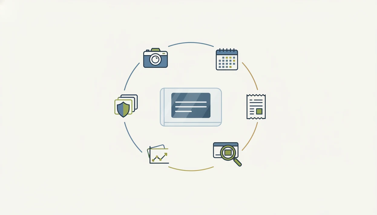 A simple diagram shows the types of evidence linked to a trading card inventory record.