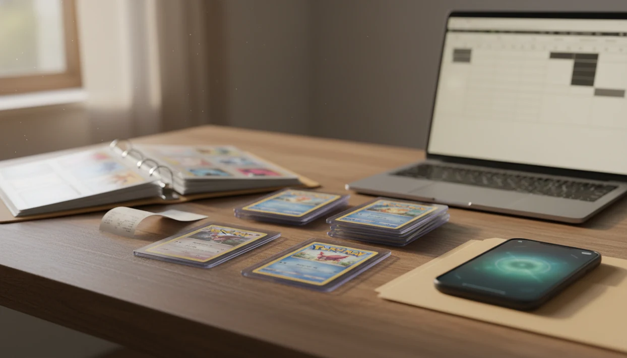 Organized trading cards, receipts, and a phone on a desk suggest an insurance inventory record.