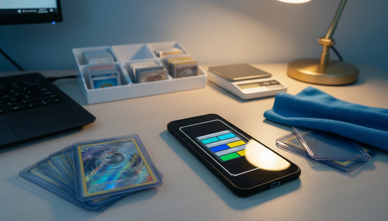 A seller workspace shows sleeved trading cards, a phone scan setup, sorting trays, and listing supplies.