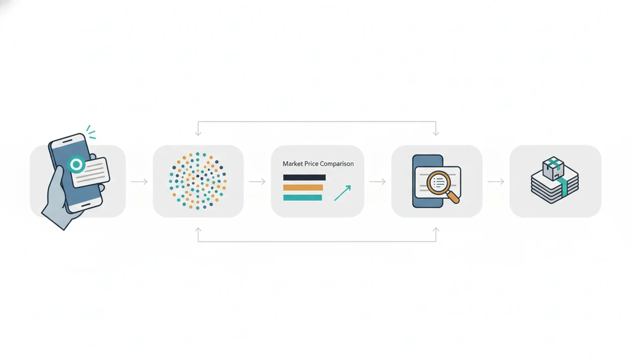 A simple visual workflow shows scanning a card, matching it, comparing prices, reviewing condition, and exporting inventory.