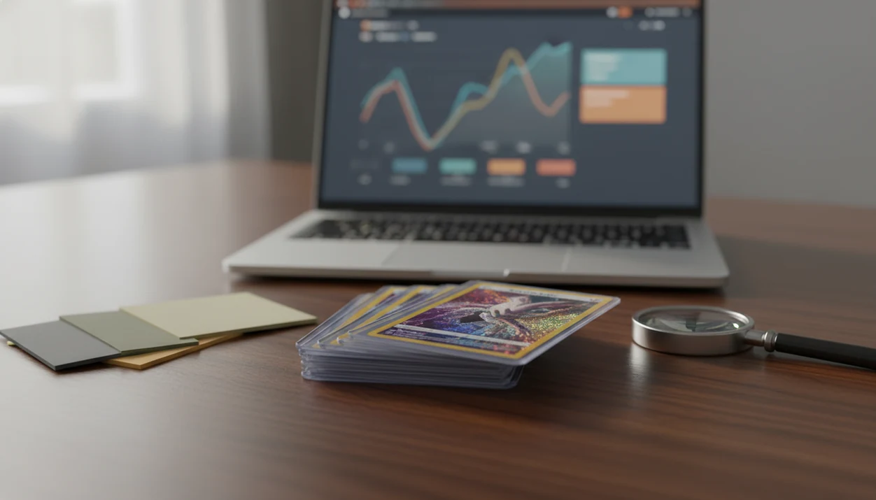 A sleeved trading card sits beside valuation tools and blurred market charts on a collector desk.