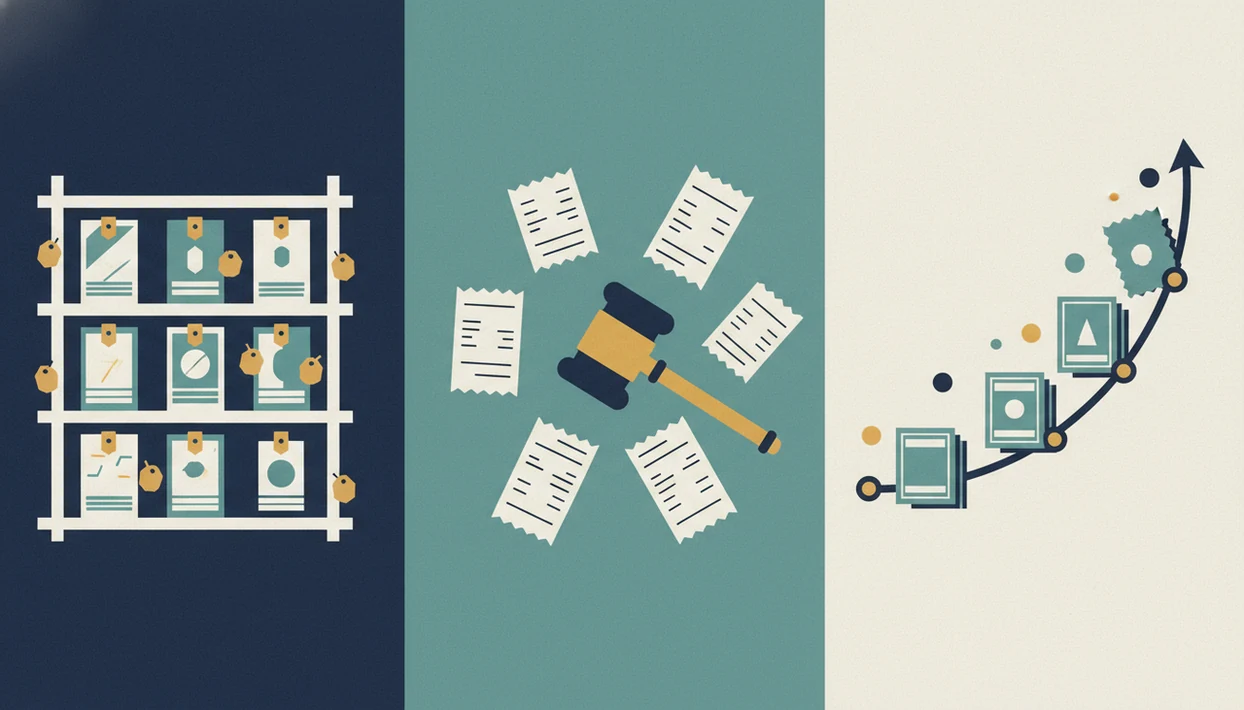 An abstract three-panel illustration compares raw card markets, sold comps, and price trend data.