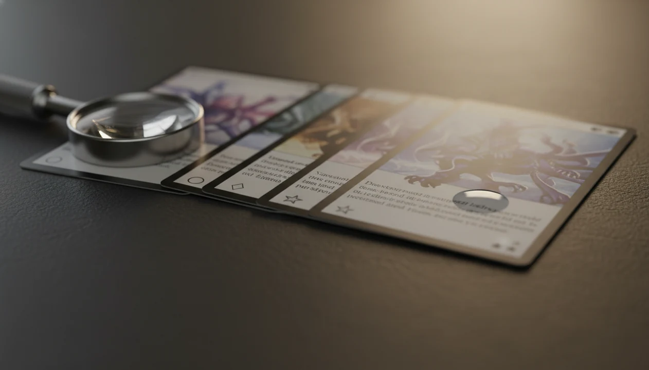 A macro view of trading card bottoms showing circle, diamond, star, and multi-star rarity marks.