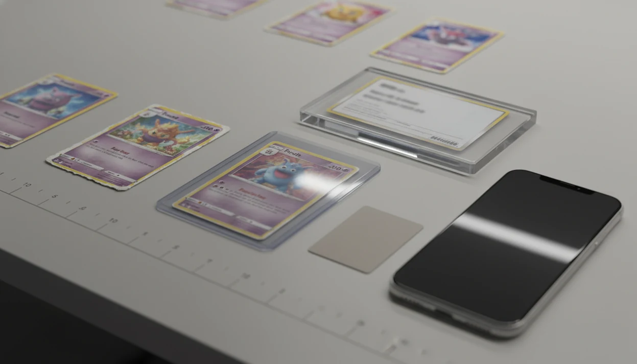 A controlled scanner test setup shows raw, sleeved, and slabbed trading cards beside a blank phone.