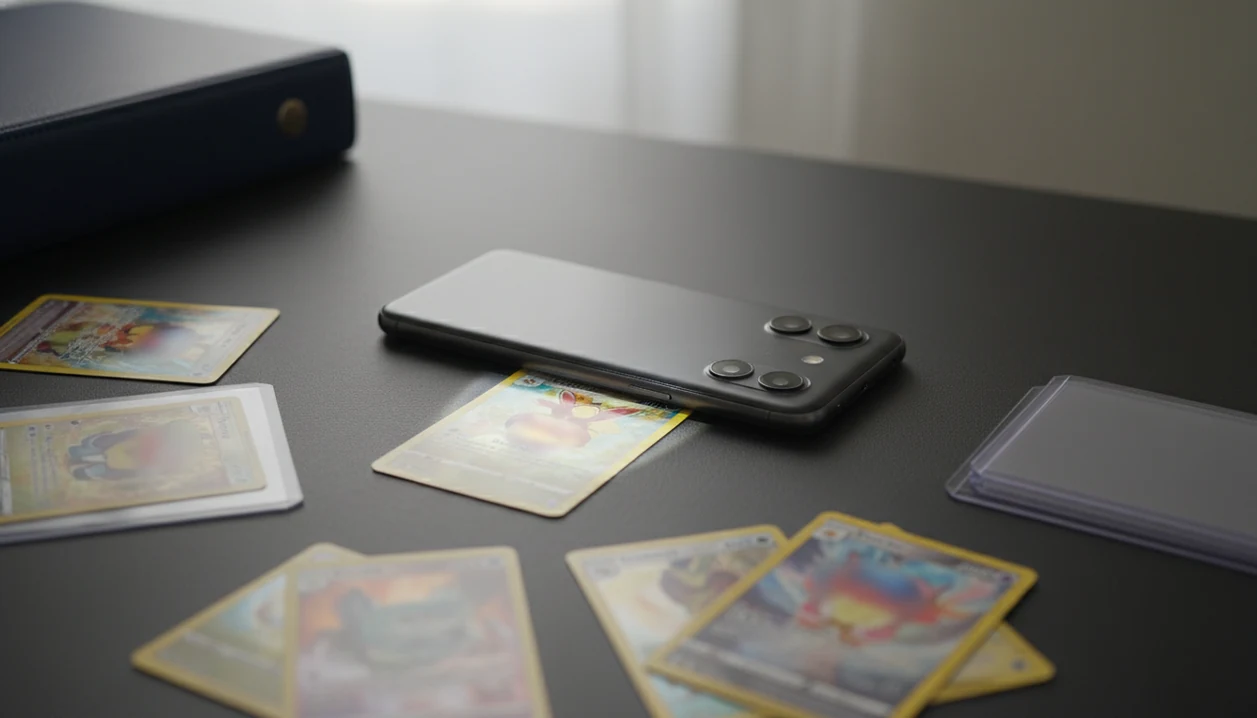 An Android phone scans trading cards on a desk beside sleeves, top loaders, and a collection binder.
