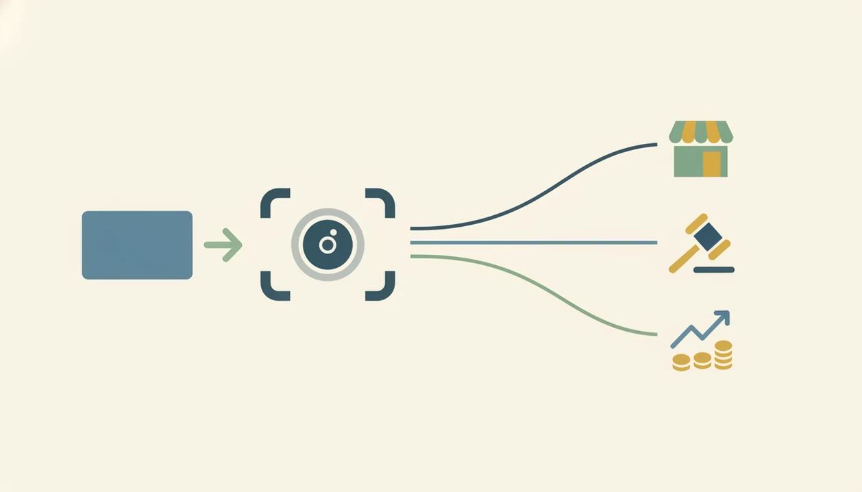A simple diagram shows a scanned trading card connecting to market sources and price signals.