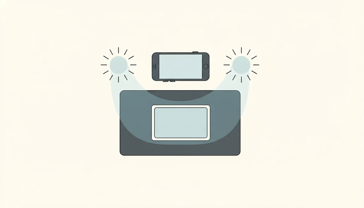 A simple diagram shows a flat card, aligned iPhone, and soft lights for glare-free scanning.