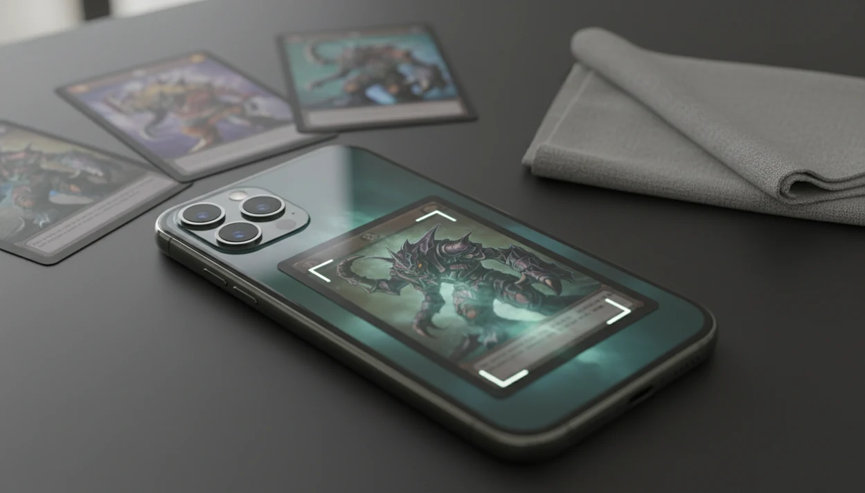 An iPhone camera scans a trading card on a dark desk with other cards nearby.